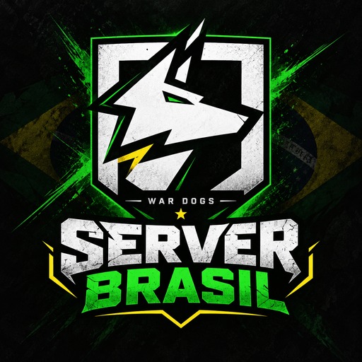 Logo do servidor WARDOGS Brasil: lobo cinza em escudo verde com a bandeira do Brasil ao fundo